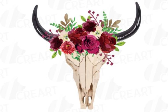 Watercolor Floral Bull Skull Clip Art